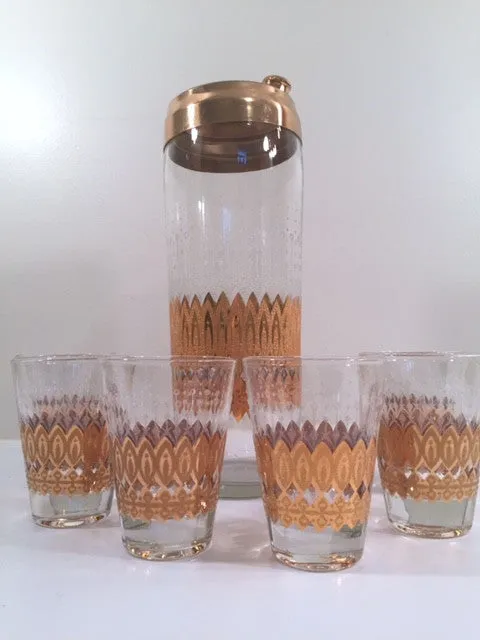 Pasinski Signed Mid-Century 22-Karat Gold 7-Piece Cocktail Set (1 Shaker and 6 Glasses)