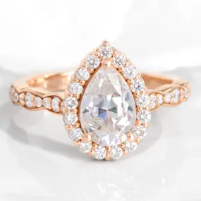 Pear Moissanite Diamond Ring in 14k Rose Gold Luna Halo Scalloped, Size 5.75