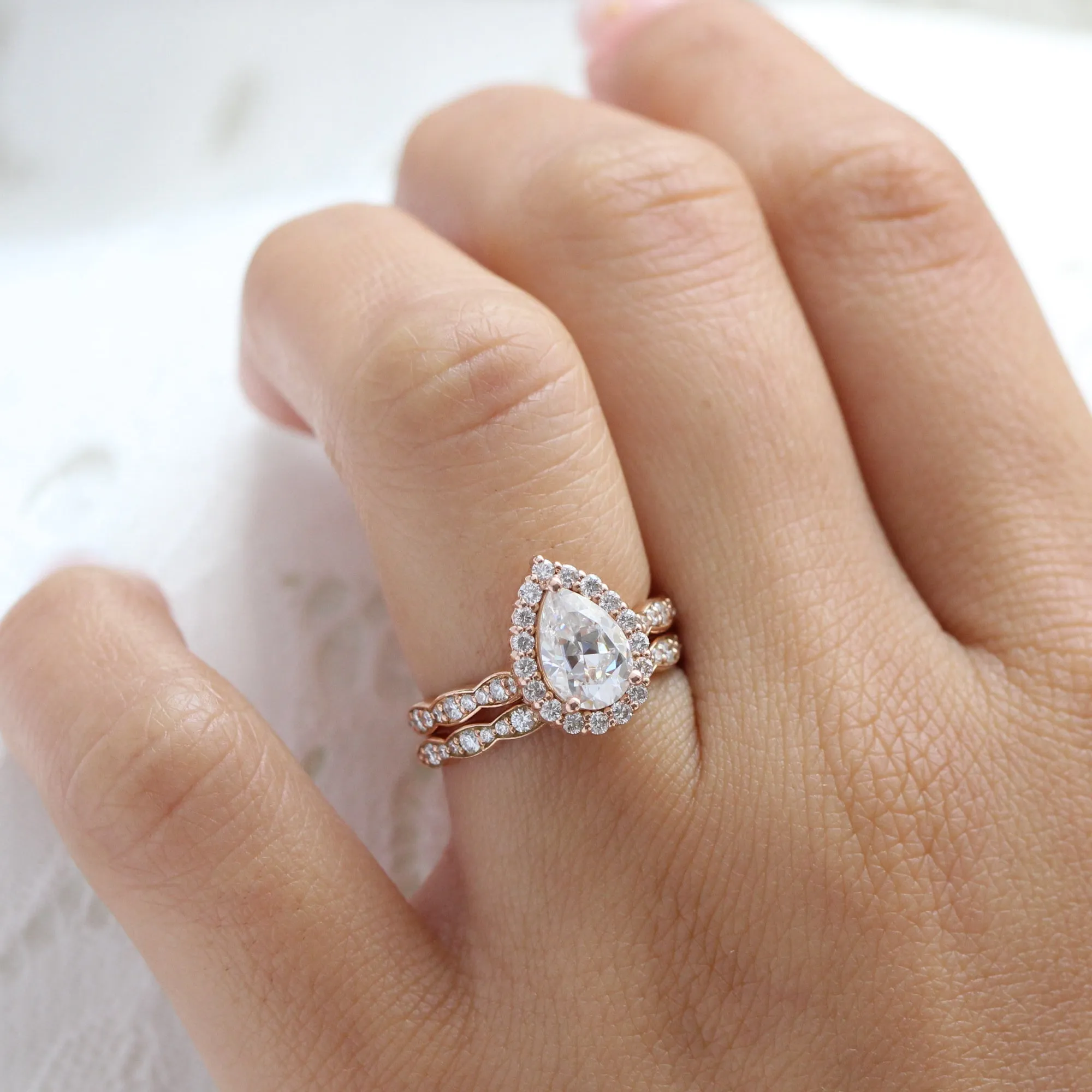 Pear Moissanite Engagement Ring in Luna Halo Diamond Scalloped Band