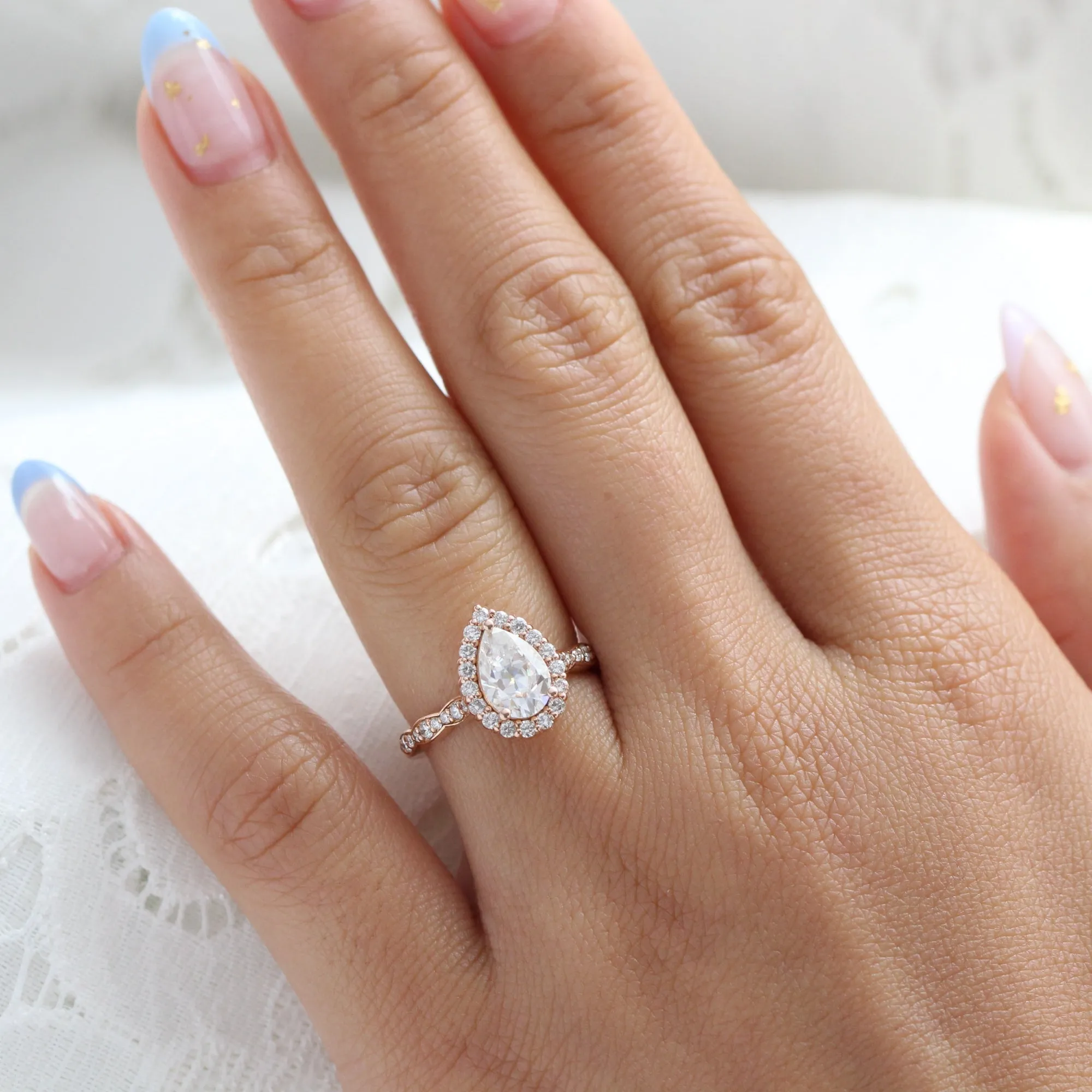 Pear Moissanite Engagement Ring in Luna Halo Diamond Scalloped Band