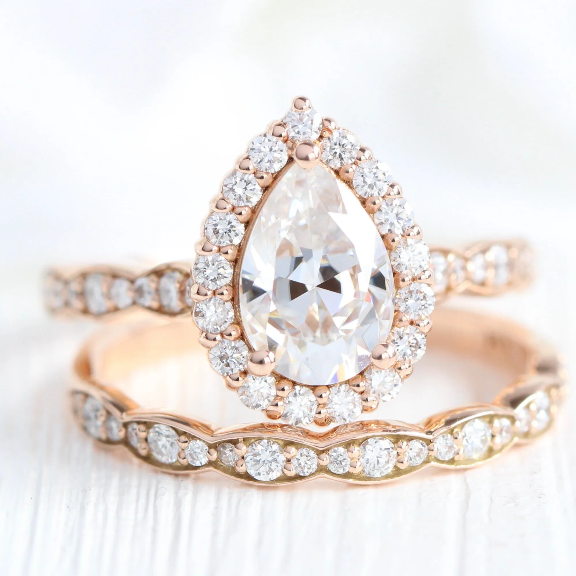 Pear Moissanite Engagement Ring in Luna Halo Diamond Scalloped Band