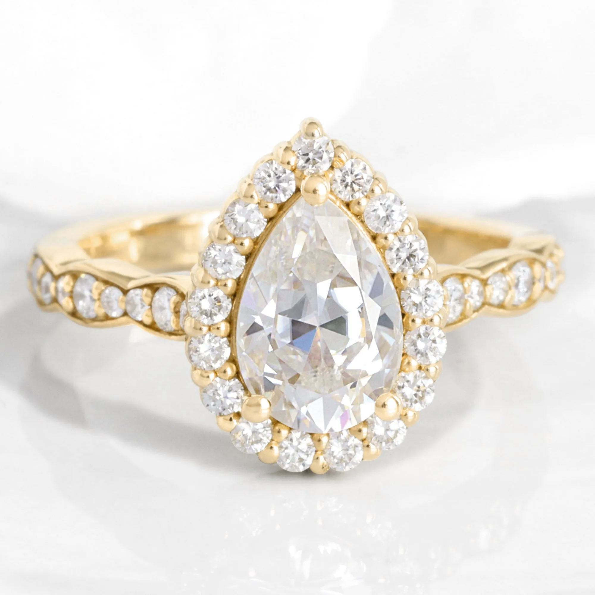 Pear Moissanite Engagement Ring in Luna Halo Diamond Scalloped Band