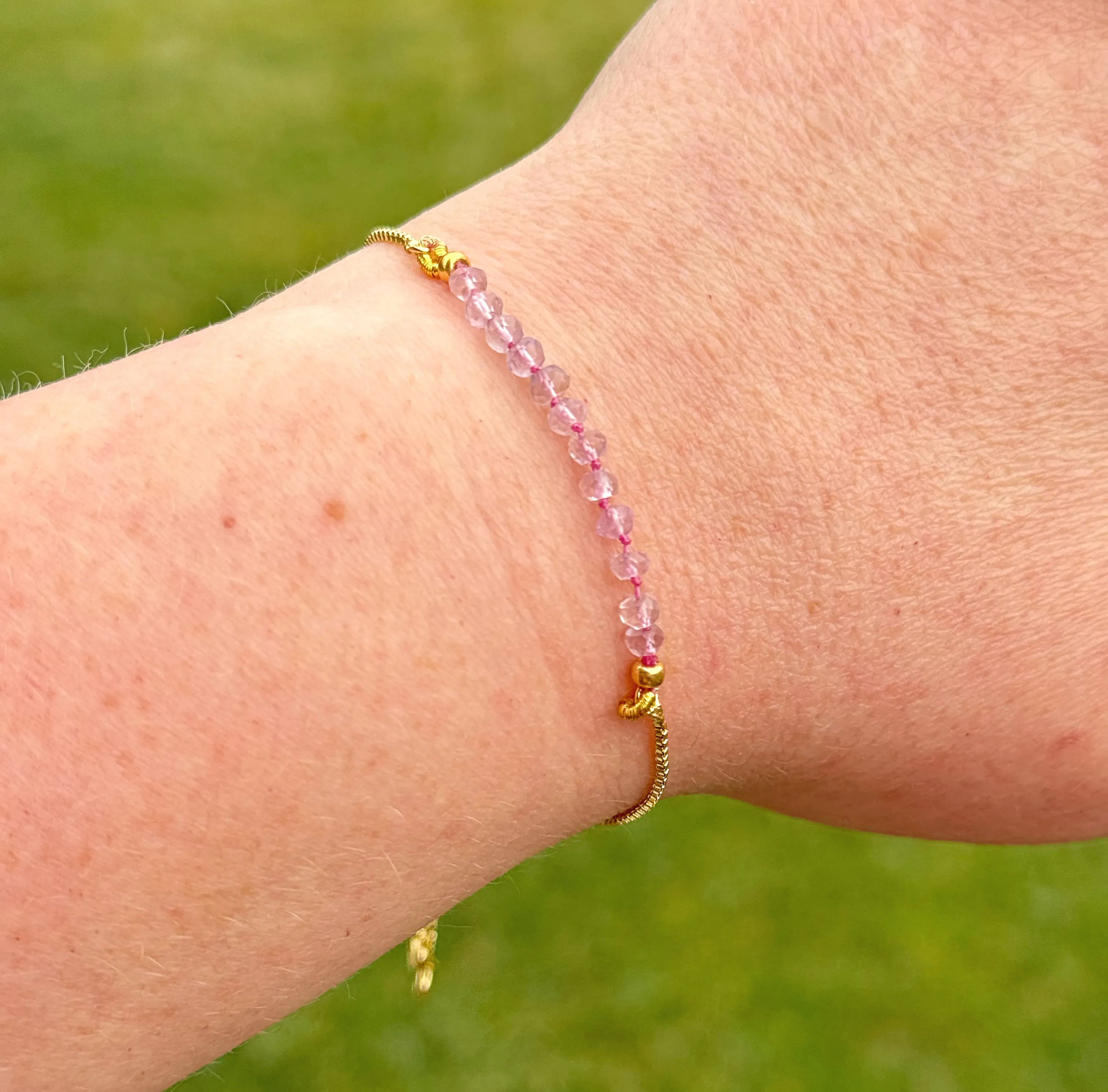 Pink Amethyst and slide adjustable chain or leather stack bracelet