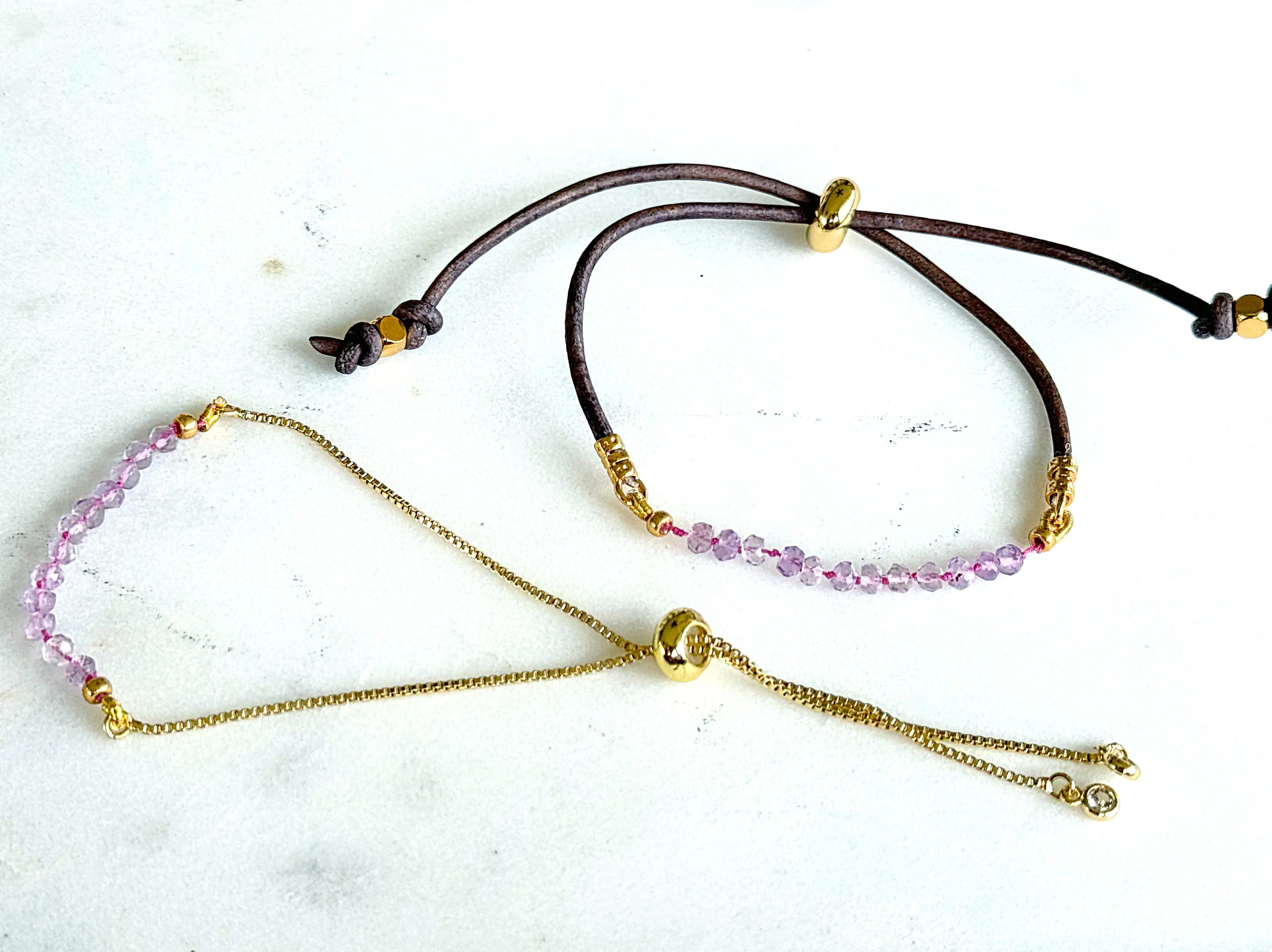 Pink Amethyst and slide adjustable chain or leather stack bracelet