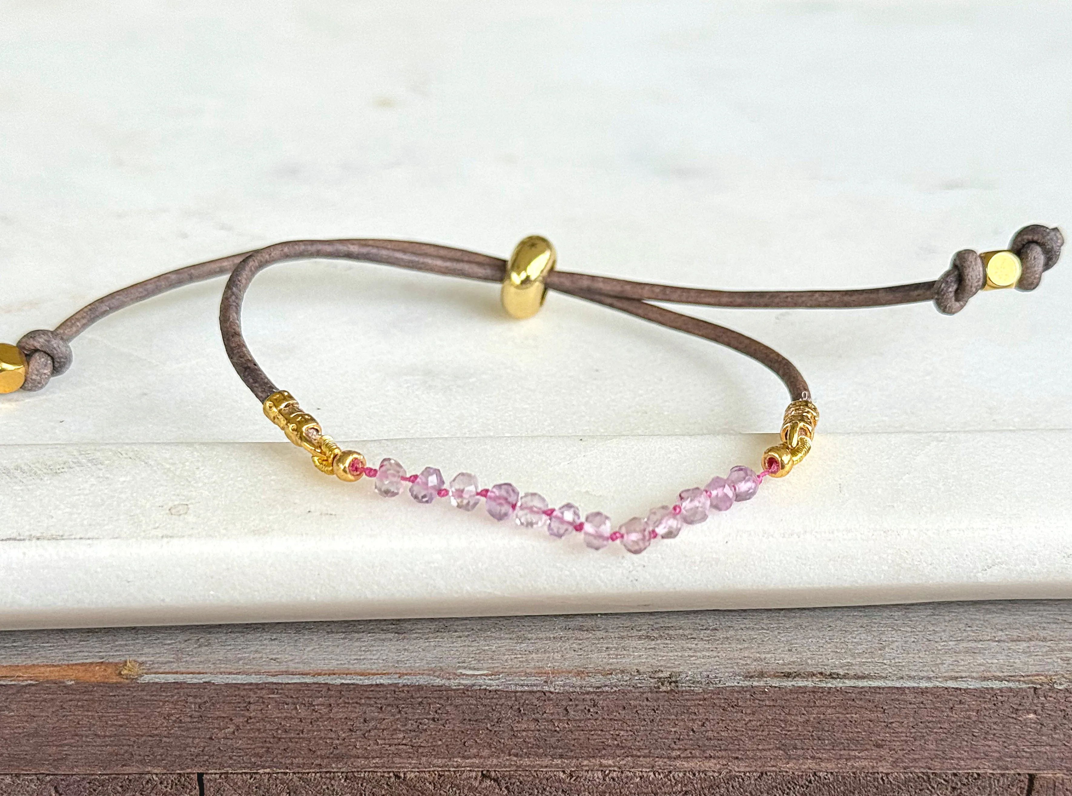 Pink Amethyst and slide adjustable chain or leather stack bracelet