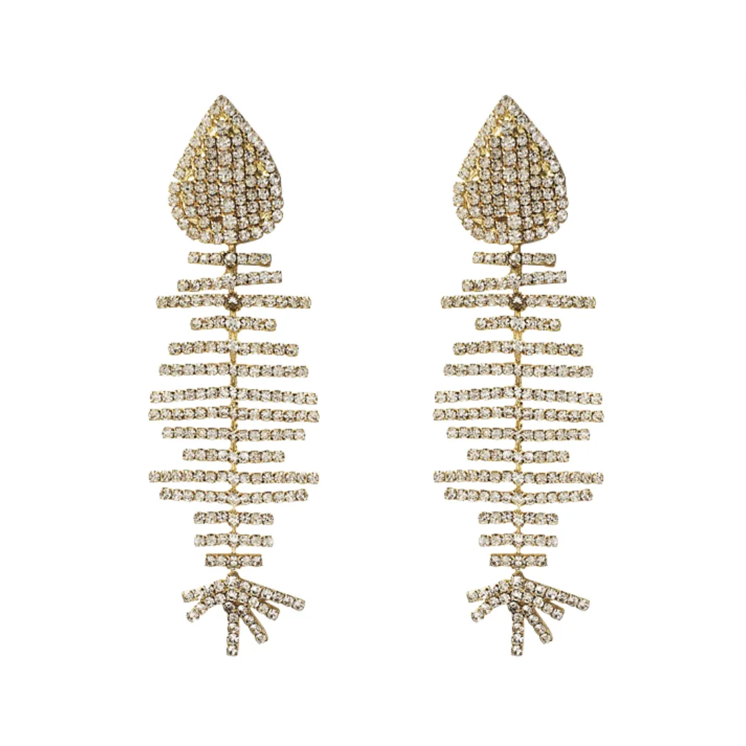 Pre Order:  Exaggerated Long Bouncy Fish Bone Diamond Inlaid Earrings