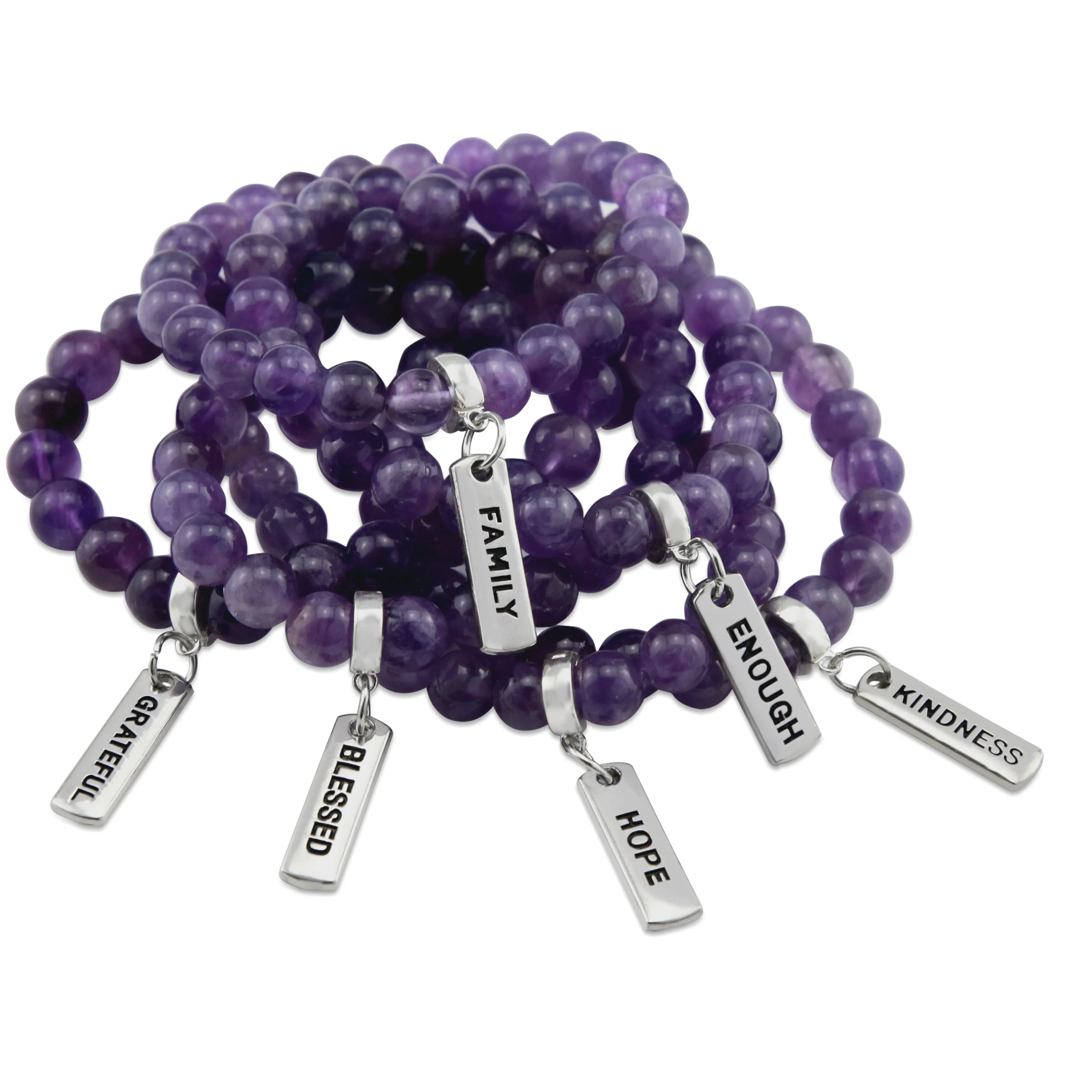 Precious Stone Bracelet - Amethyst 8mm beads - with Word charm