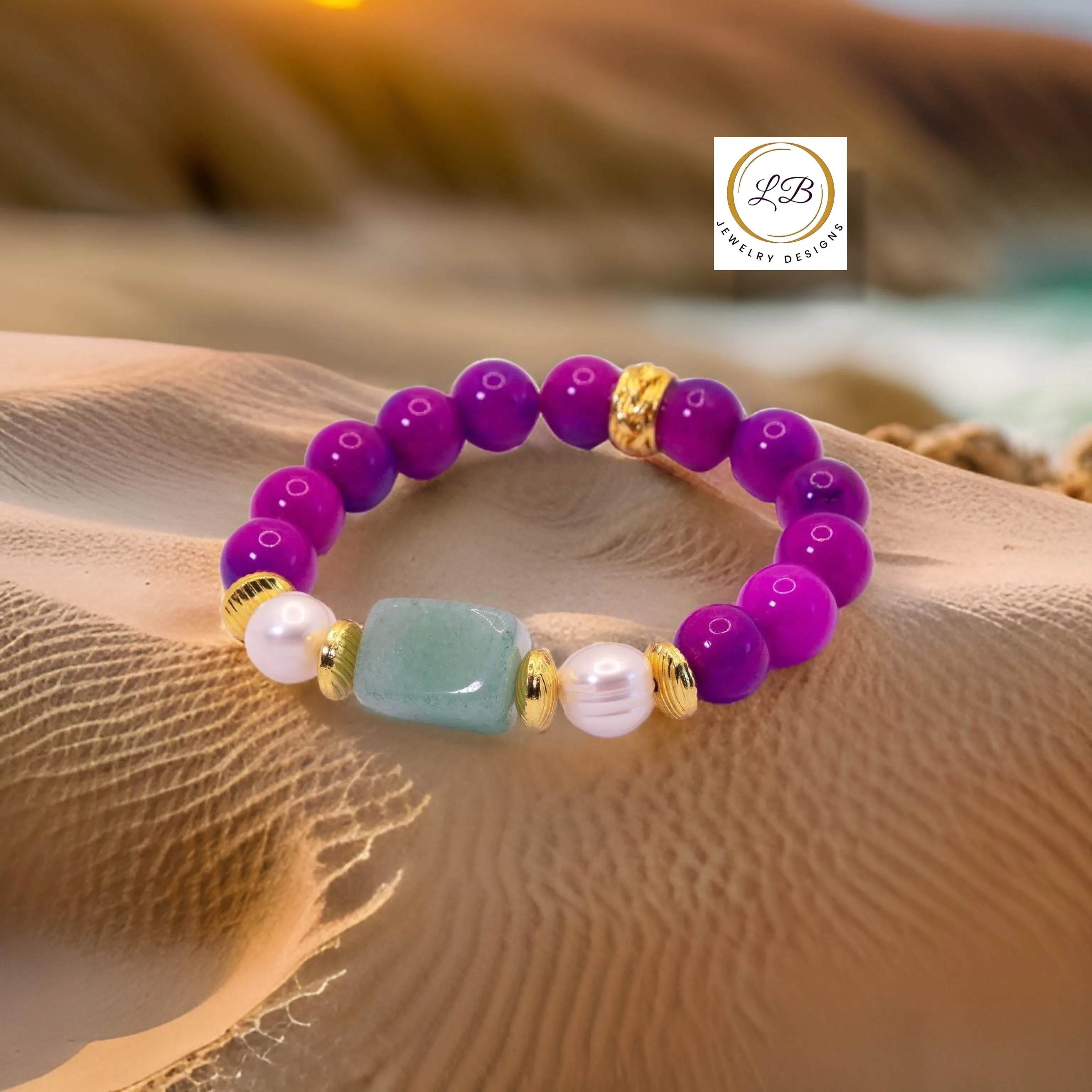 Purple Sugilite, Baroque Pearls & Green Prehnite Gemstone Bracelet