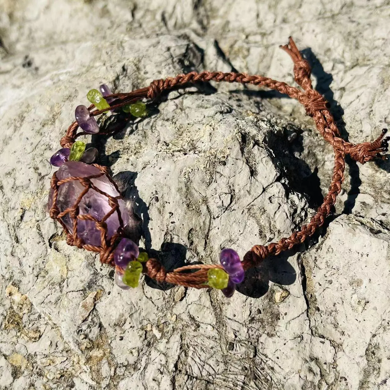 Raw Gems Purple Crystal Bracelet, Macrame Knotted Bracelet, Adjustable Bracelet 🔮