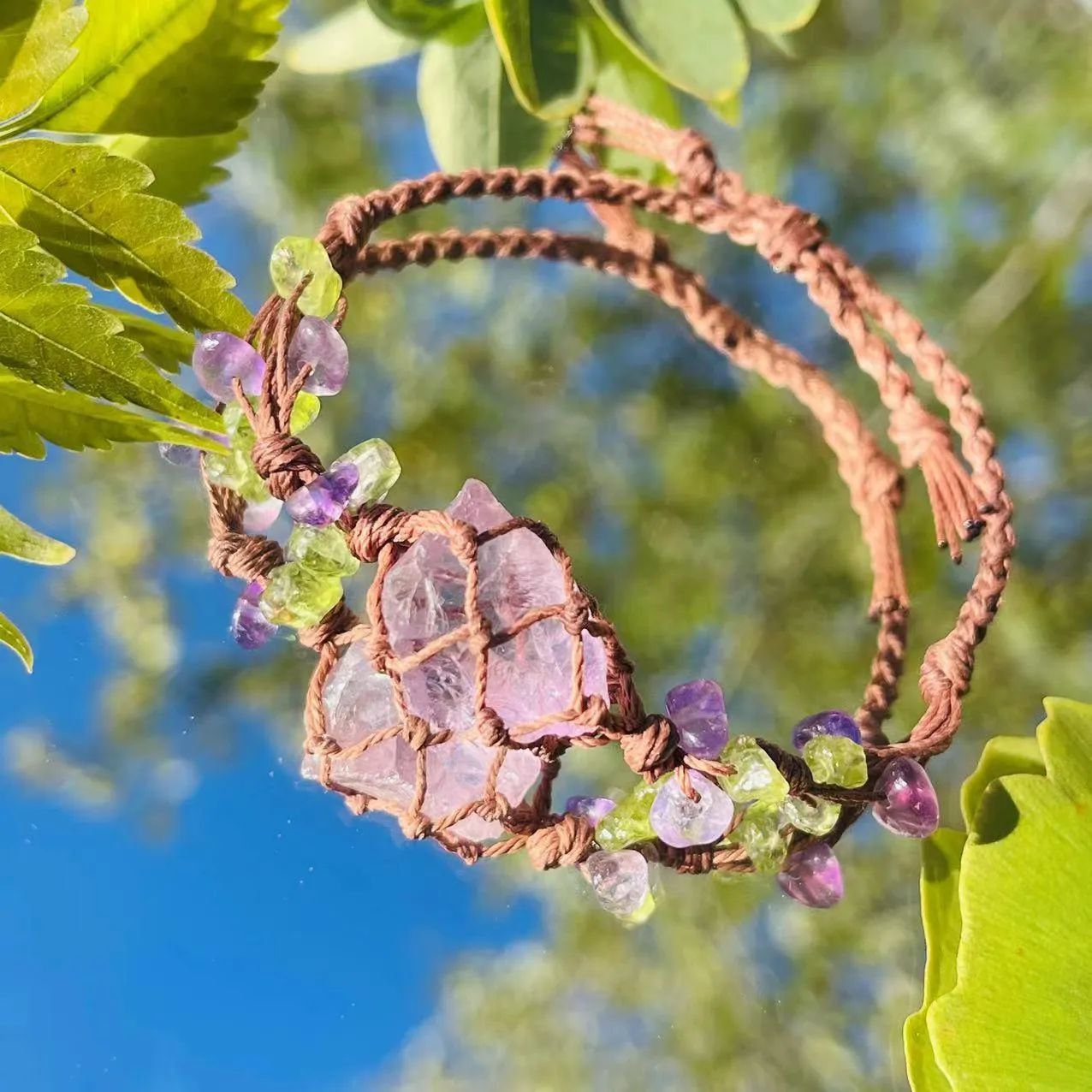 Raw Gems Purple Crystal Bracelet, Macrame Knotted Bracelet, Adjustable Bracelet 🔮