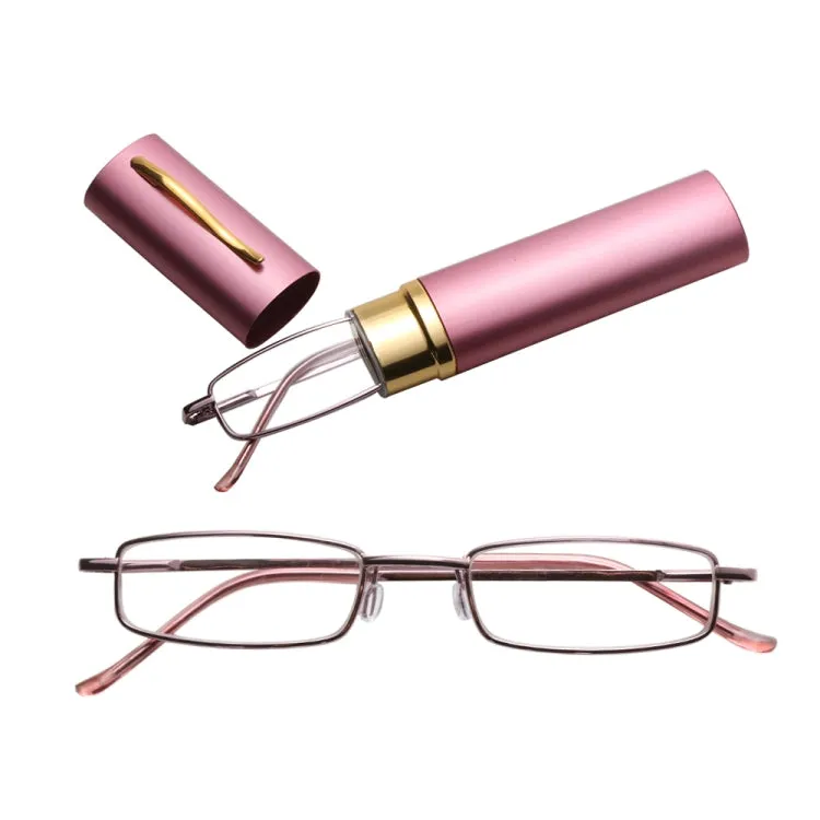 Reading Glasses Metal Spring Foot Portable Presbyopic Glasses with Tube Case  1.50D(Pink)