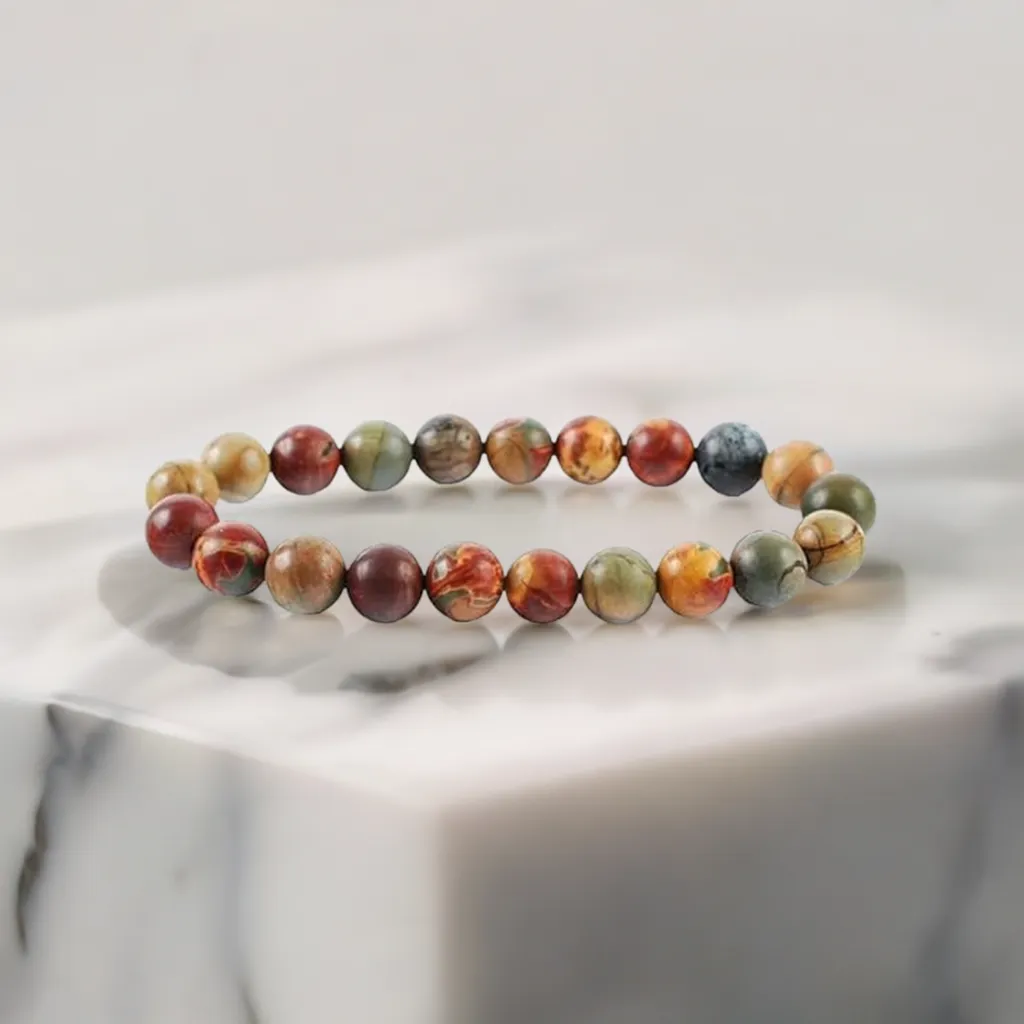 Real Picasso Jasper Beaded Elastic Bracelet – Healing Crystal Jewelry for Men & Women