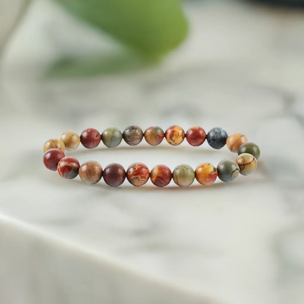 Real Picasso Jasper Beaded Elastic Bracelet – Healing Crystal Jewelry for Men & Women