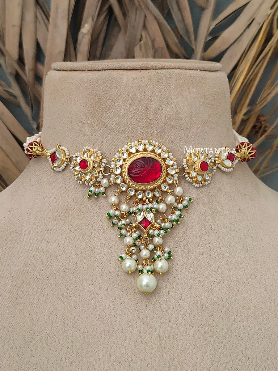 Red Color Gold Plated Jadau Kundan Necklace Set - MS1695YR