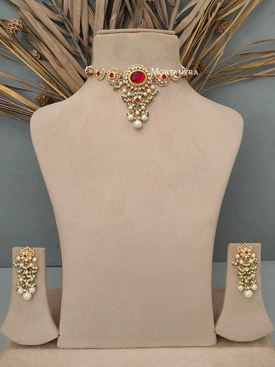 Red Color Gold Plated Jadau Kundan Necklace Set - MS1695YR