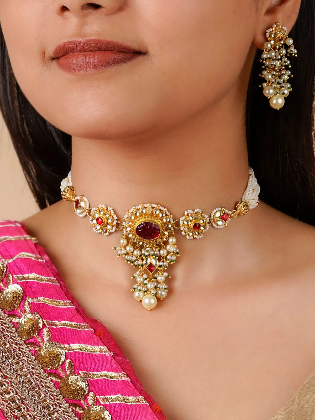 Red Color Gold Plated Jadau Kundan Necklace Set - MS1695YR