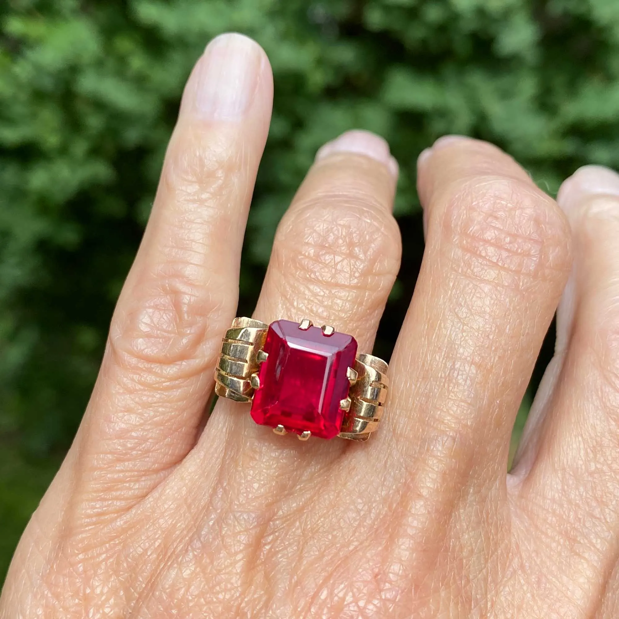 Retro Vintage 12K Gold Scroll Ruby Ring