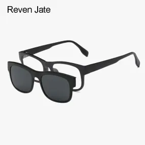 Reven Jate Unisex Full Rim Square Polycarbonate Eyeglasses Clip On Polarized Sunglasses 2203