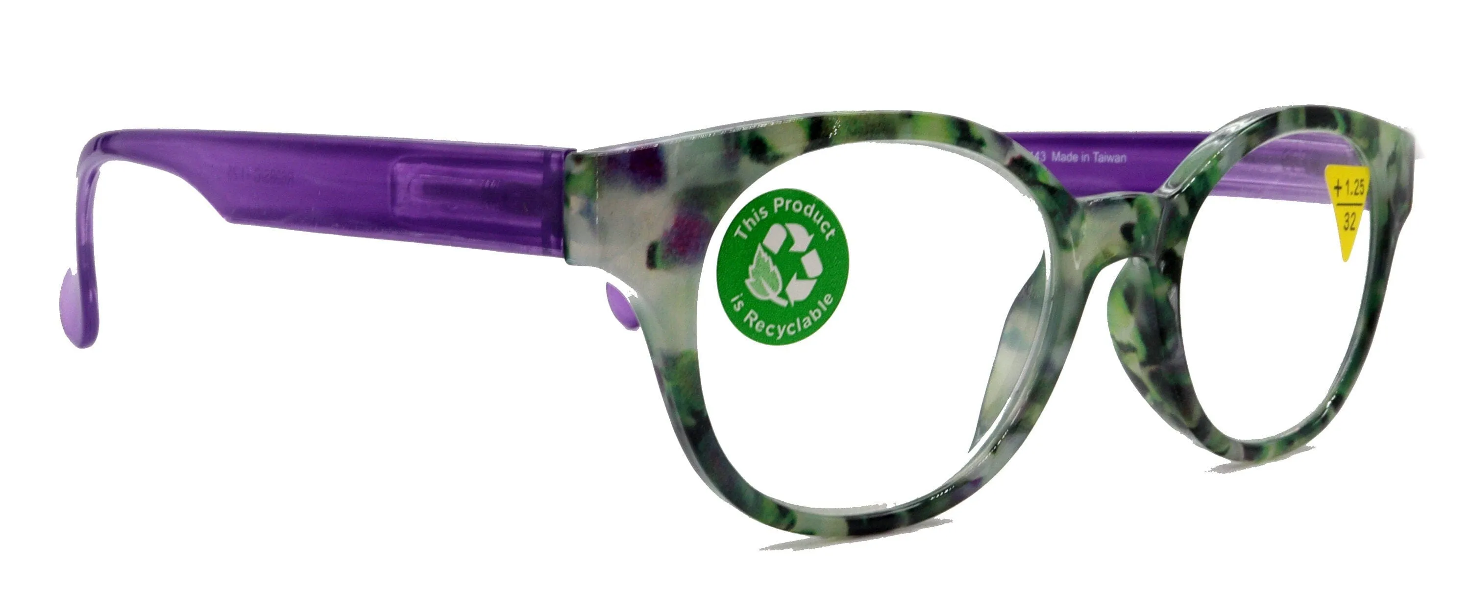 Sally, (Premium) Reading Glasses High End Readers  1.25.. 3 Magnifying Glasses, Round Optical Frames (Tortoise Green Purple) NY Fifth Avenue