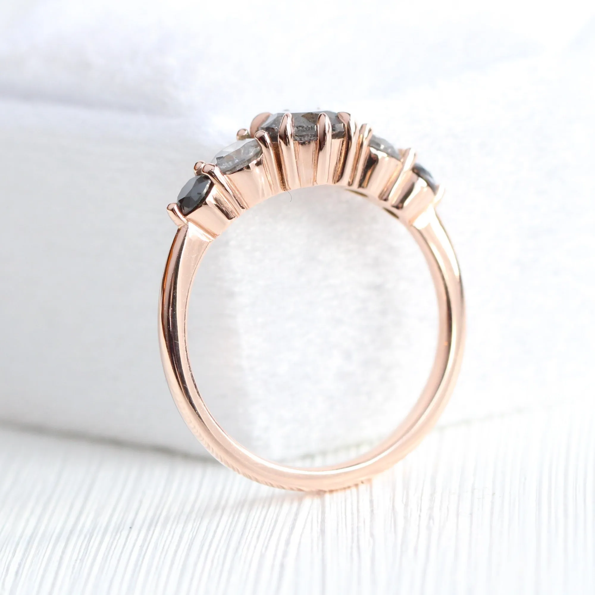 Salt and Pepper Black Diamond Ring in 14k Rose Gold 5 Stone Ring, Size 7