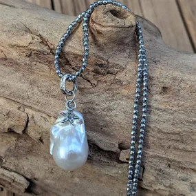 Silver Hematite & Large White Baroque Pearl Pendant Necklace