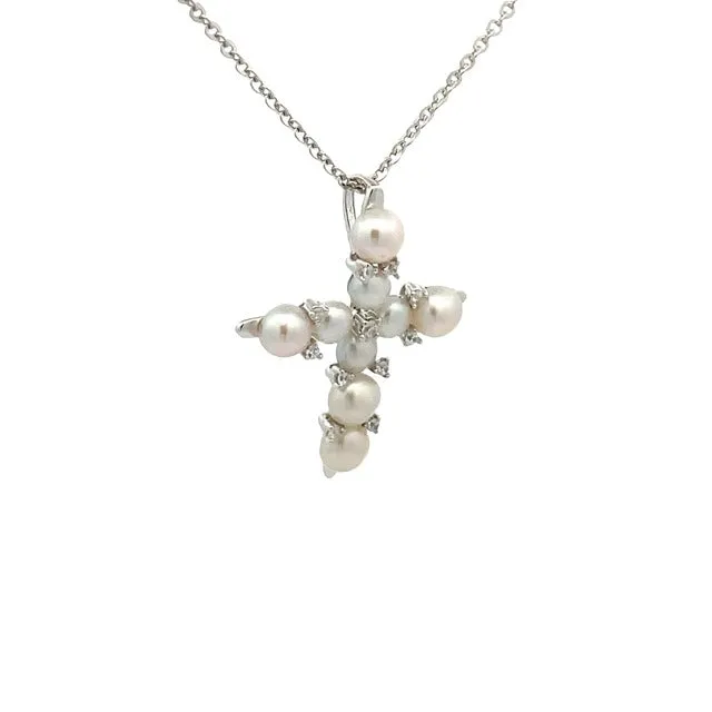 Sterling Silver Freshwater Pearl White Decorative Cross Necklace