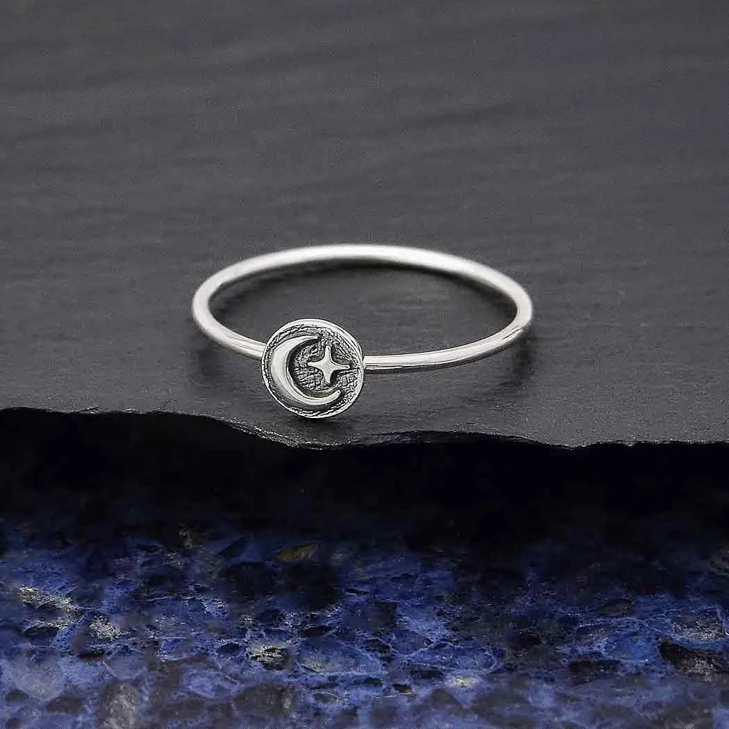 Sterling Silver Raised Moon and Star Stacking Ring, Moon and Star Ring