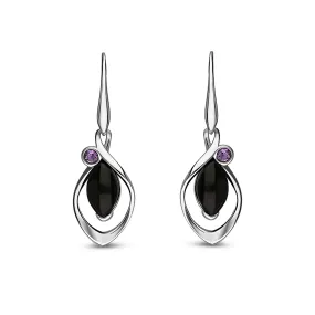 Sterling Silver Whitby Jet & Amethyst Designer Marquise Drop Earrings