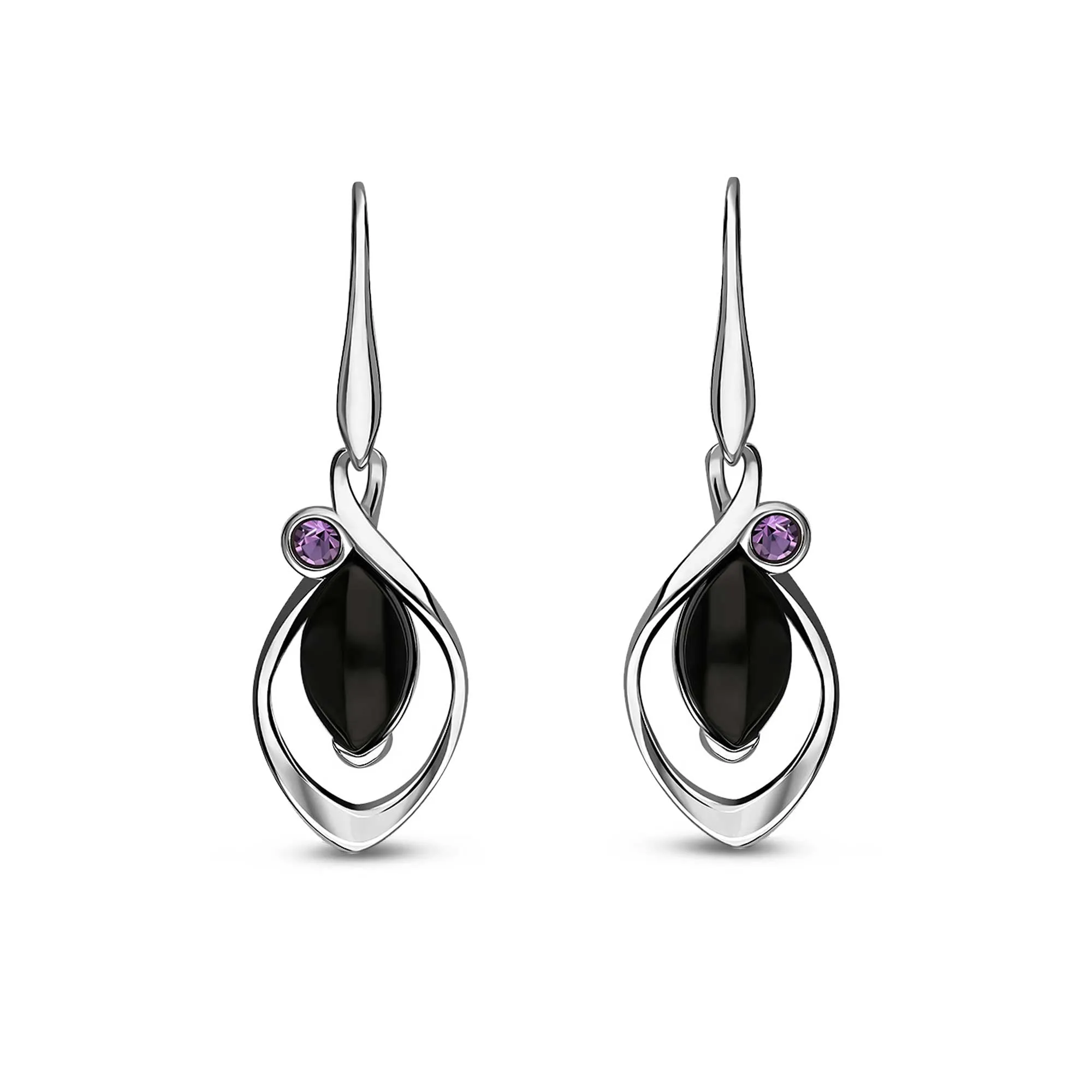 Sterling Silver Whitby Jet & Amethyst Designer Marquise Drop Earrings