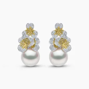 Sunrise 18K Gold Pearl and Diamond Floral Motif Earrings