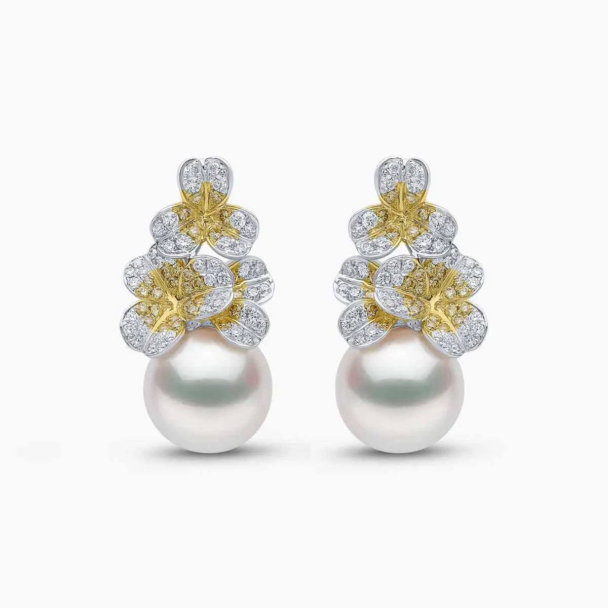 Sunrise 18K Gold Pearl and Diamond Floral Motif Earrings