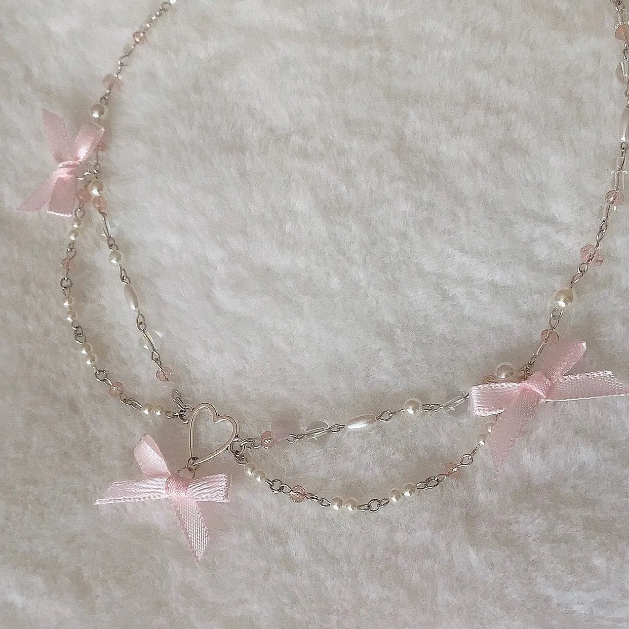 Sweet Bowknot Heart Charm Pearl Chain Necklace