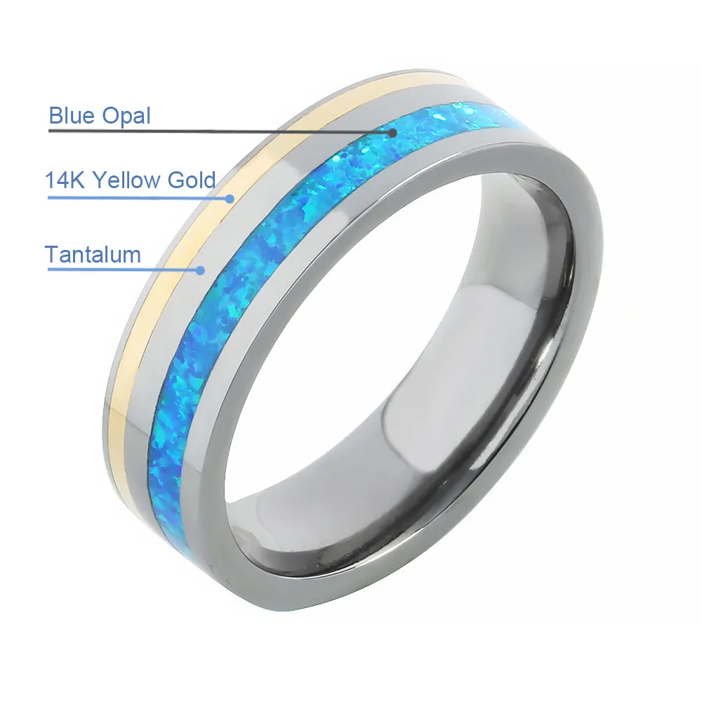 Tantalum with 14K Yellow Gold and Opal Inlaid Wedding Ring Flat 6mm