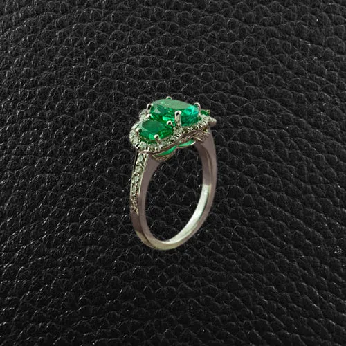 Three Oval Emerald Ring with Diamonds