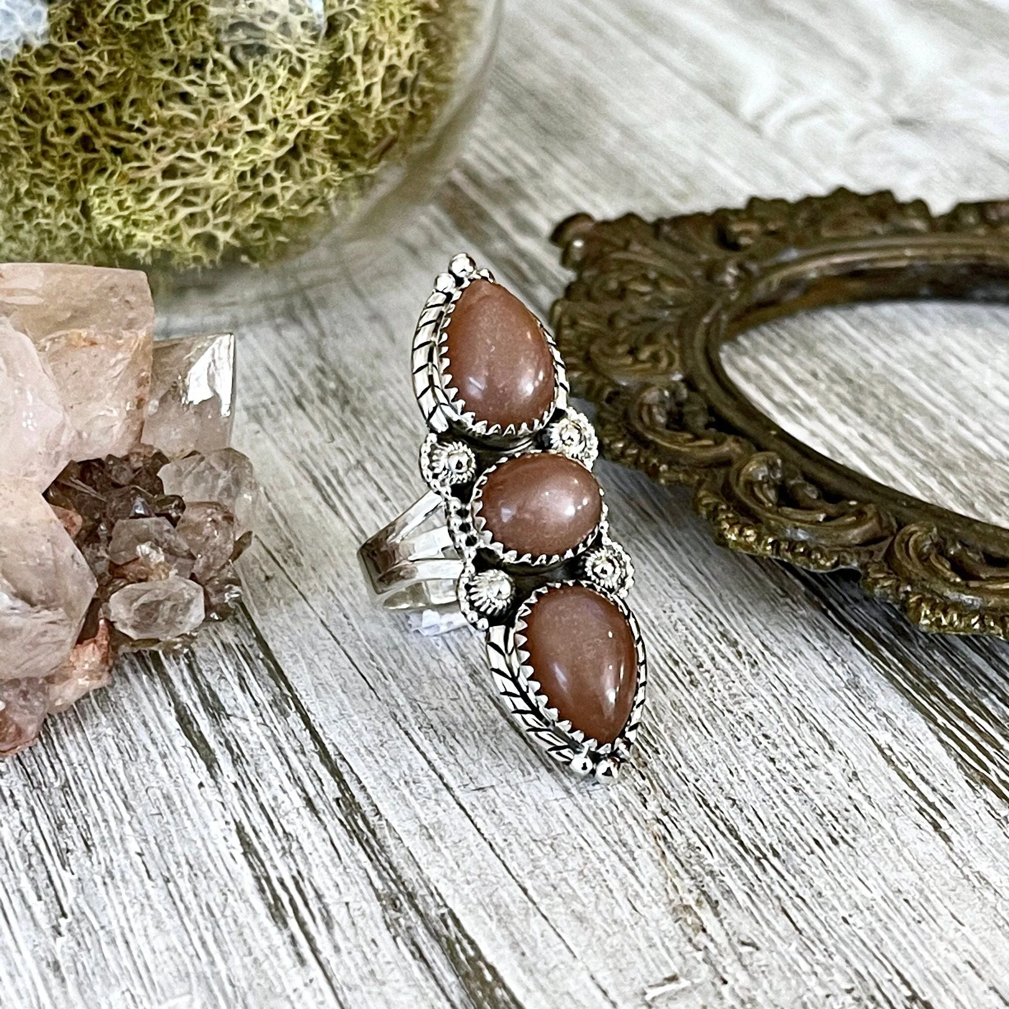 Three Stone Peach Moonstone Ring in Solid Sterling Silver- Designed by FOXLARK Collection Size 5 6 7 8 9 10 11 / Gothic Jewelry Gemstone