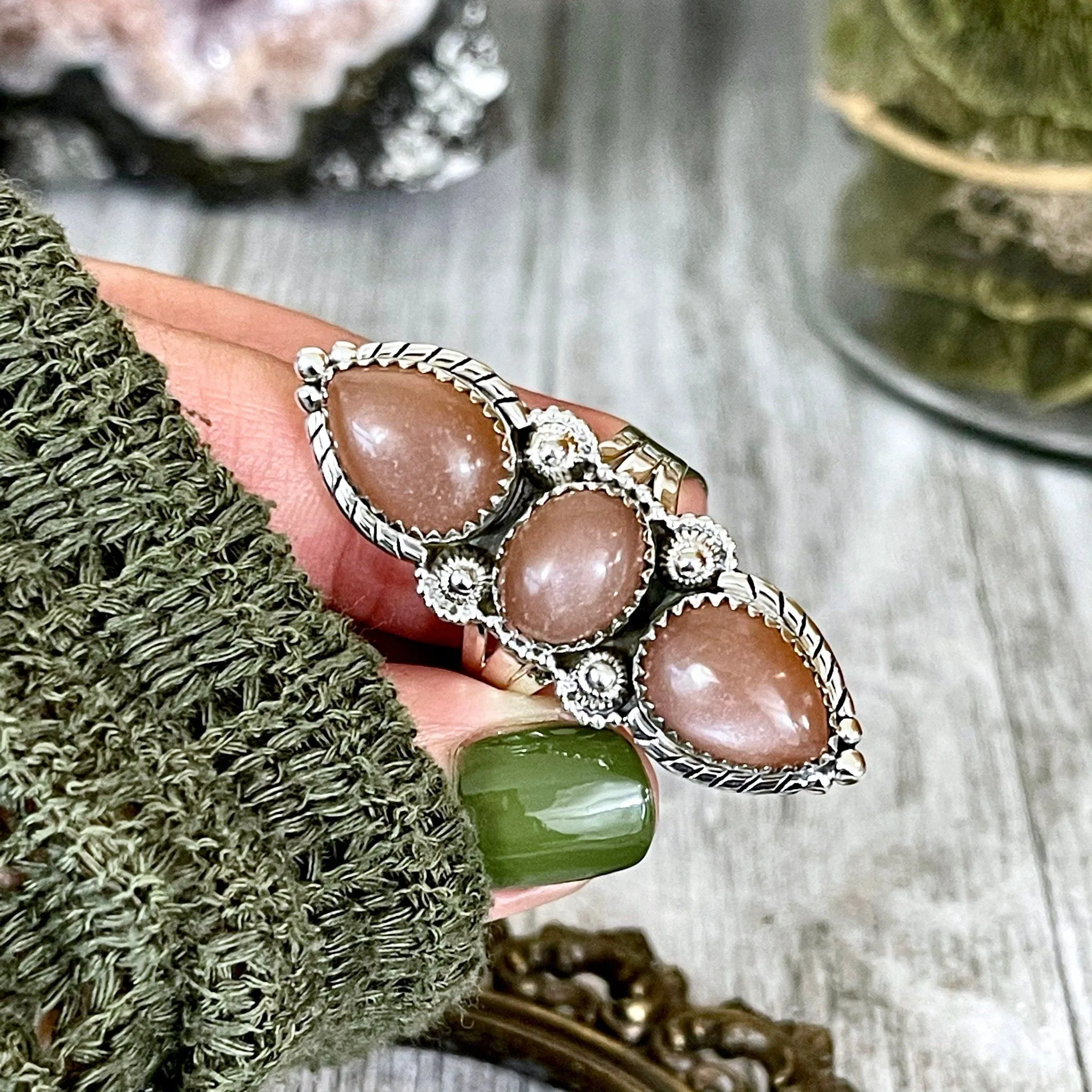 Three Stone Peach Moonstone Ring in Solid Sterling Silver- Designed by FOXLARK Collection Size 5 6 7 8 9 10 11 / Gothic Jewelry Gemstone