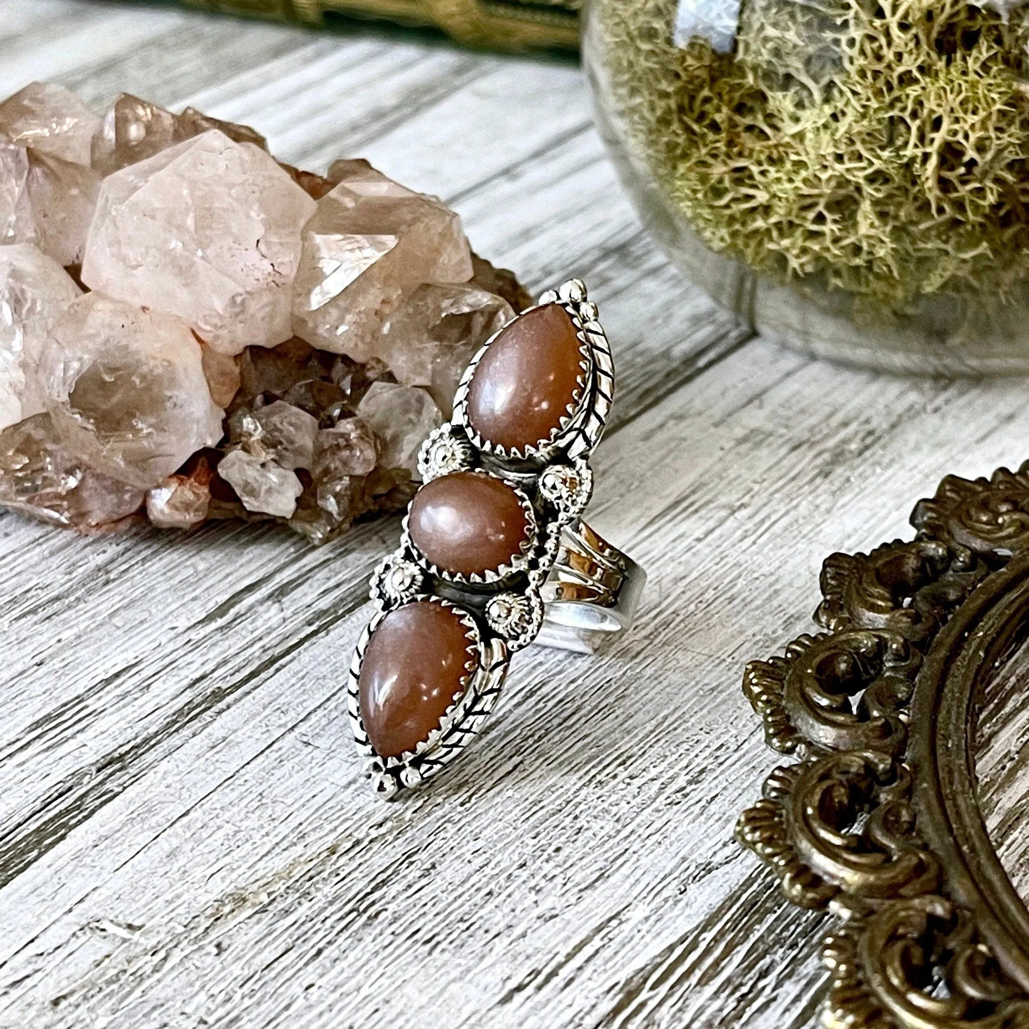 Three Stone Peach Moonstone Ring in Solid Sterling Silver- Designed by FOXLARK Collection Size 5 6 7 8 9 10 11 / Gothic Jewelry Gemstone