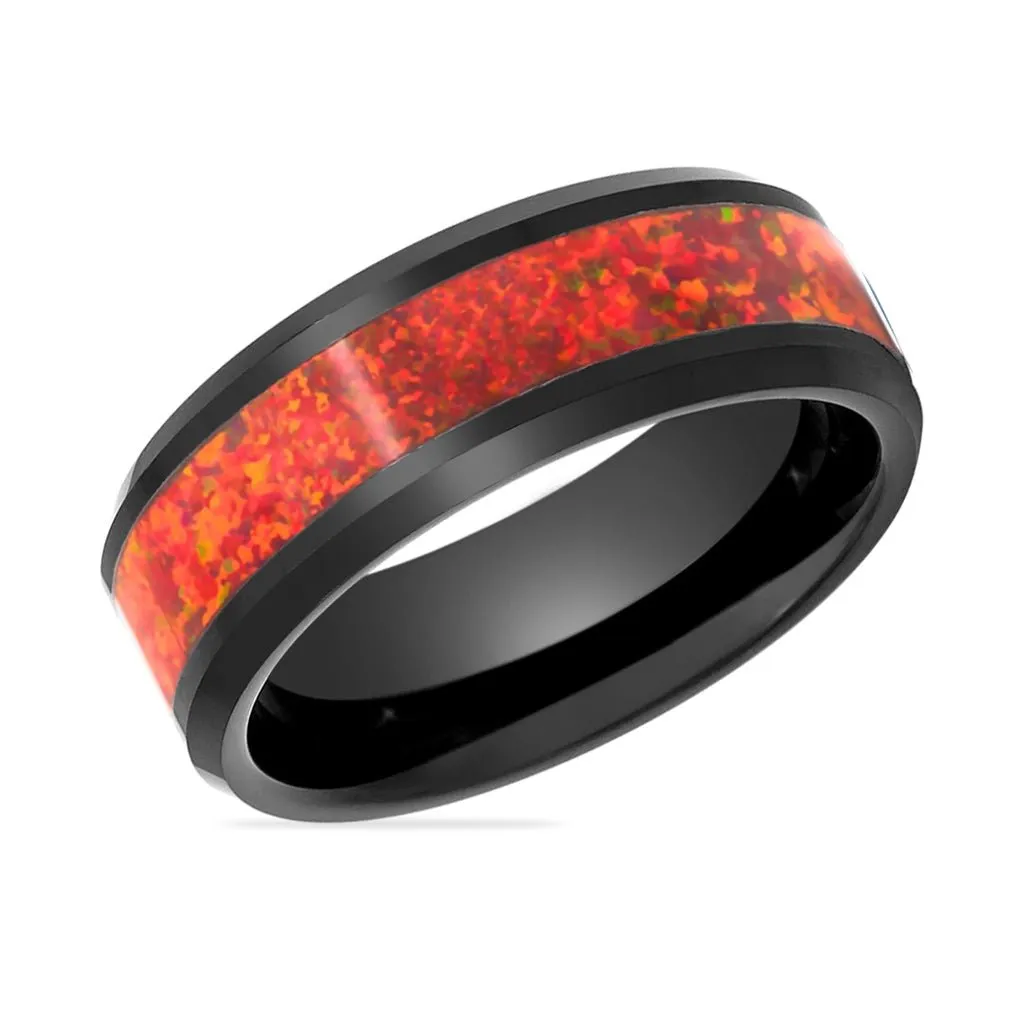 THUNDER | Tungsten Ring Red Fire Opal Inlay