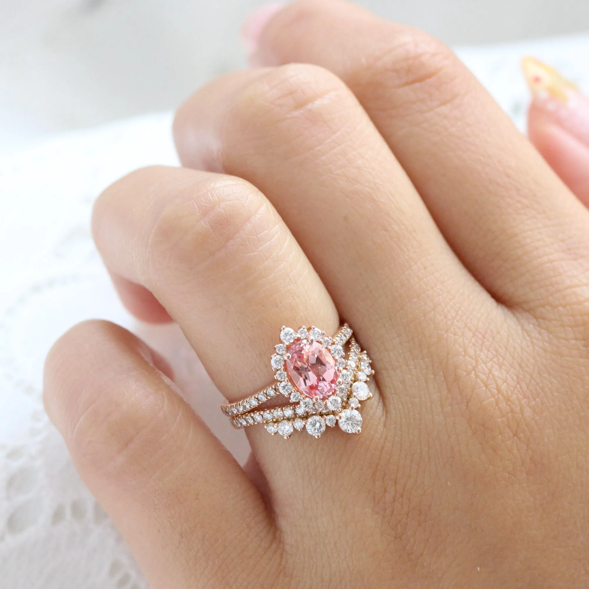 Tiara Halo Oval Pave Ring Set w/ Peach Sapphire and Large Tiara Diamond V Band