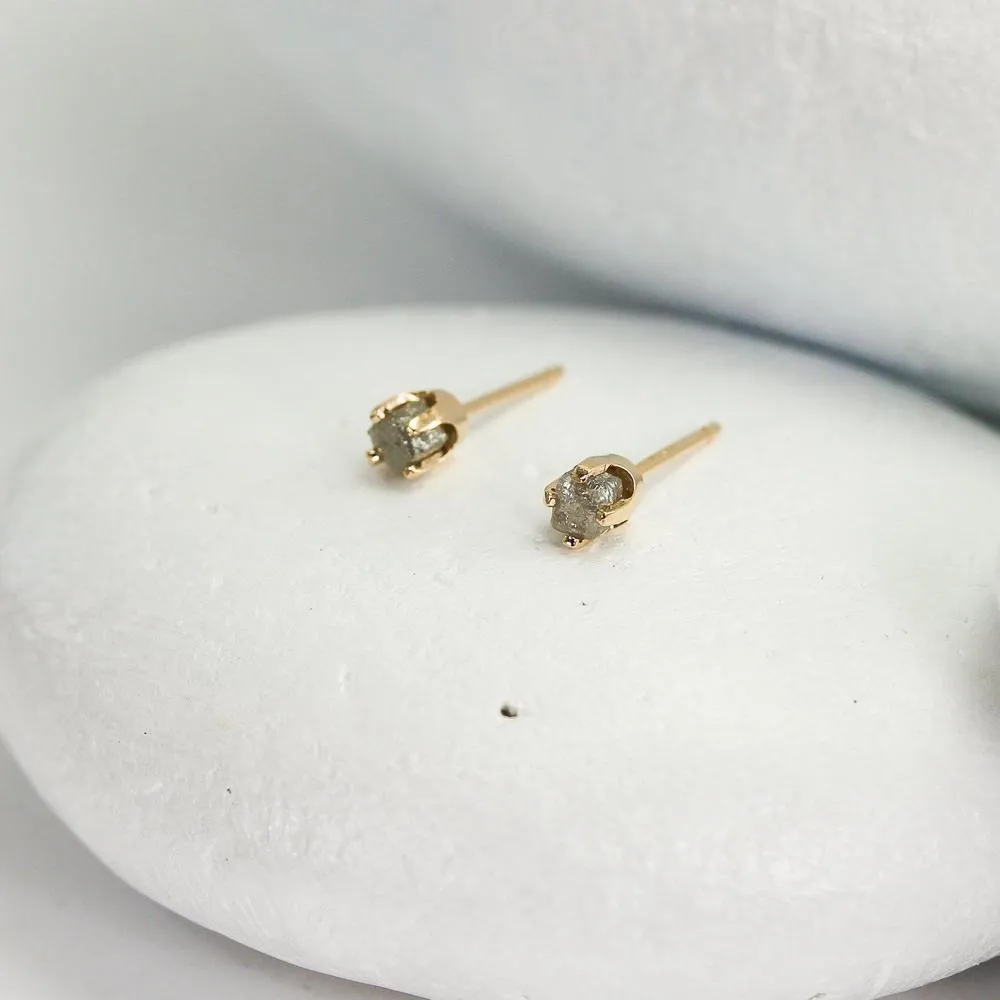 Tiny Raw Diamond Stud Earrings in solid 14K