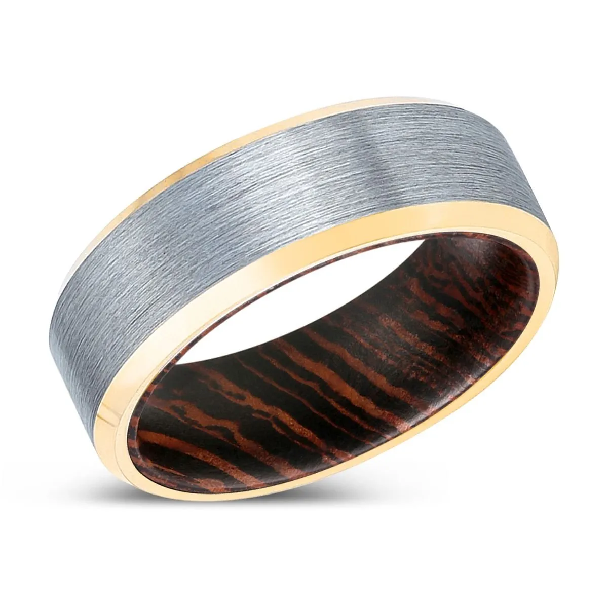 TIWANIA | Wenge Wood, Brushed, Silver Tungsten Ring, Gold Beveled Edges