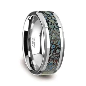 Tungsten Dinosaur Bone Wedding Ring Blue Dinosaur Bone Inlay Beveled Edges 4mm & 8mm