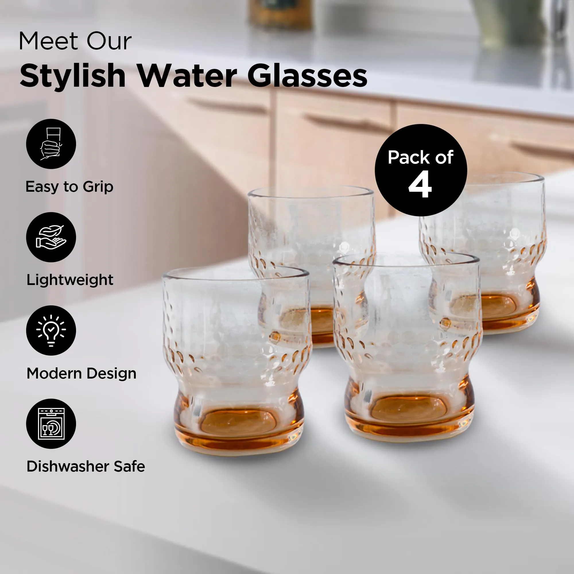 UMAI Water Glasses Set of 4 (300ml Each) | Juice Glasses | Lead Free Drinking Glasses | Kitchen Gift Items | Cold Drink Glass | Cocktail Glass | Kaanch Ke Glass | Housewarming Gifts | Gift for Men