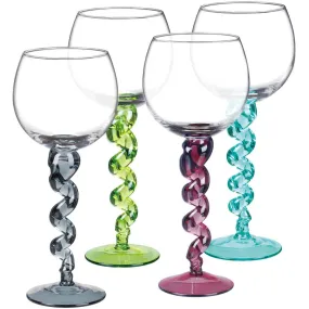 Unique Handcrafted Goblet Wine Glasses with Multicolored Twisted Stems, Set of 4-13 Oz Each