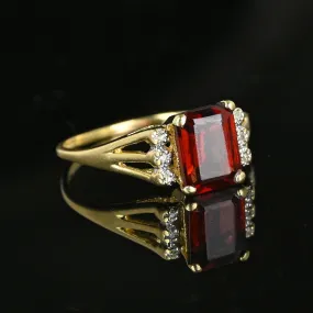 Vintage 14K Gold Diamond Emerald Cut Garnet Ring