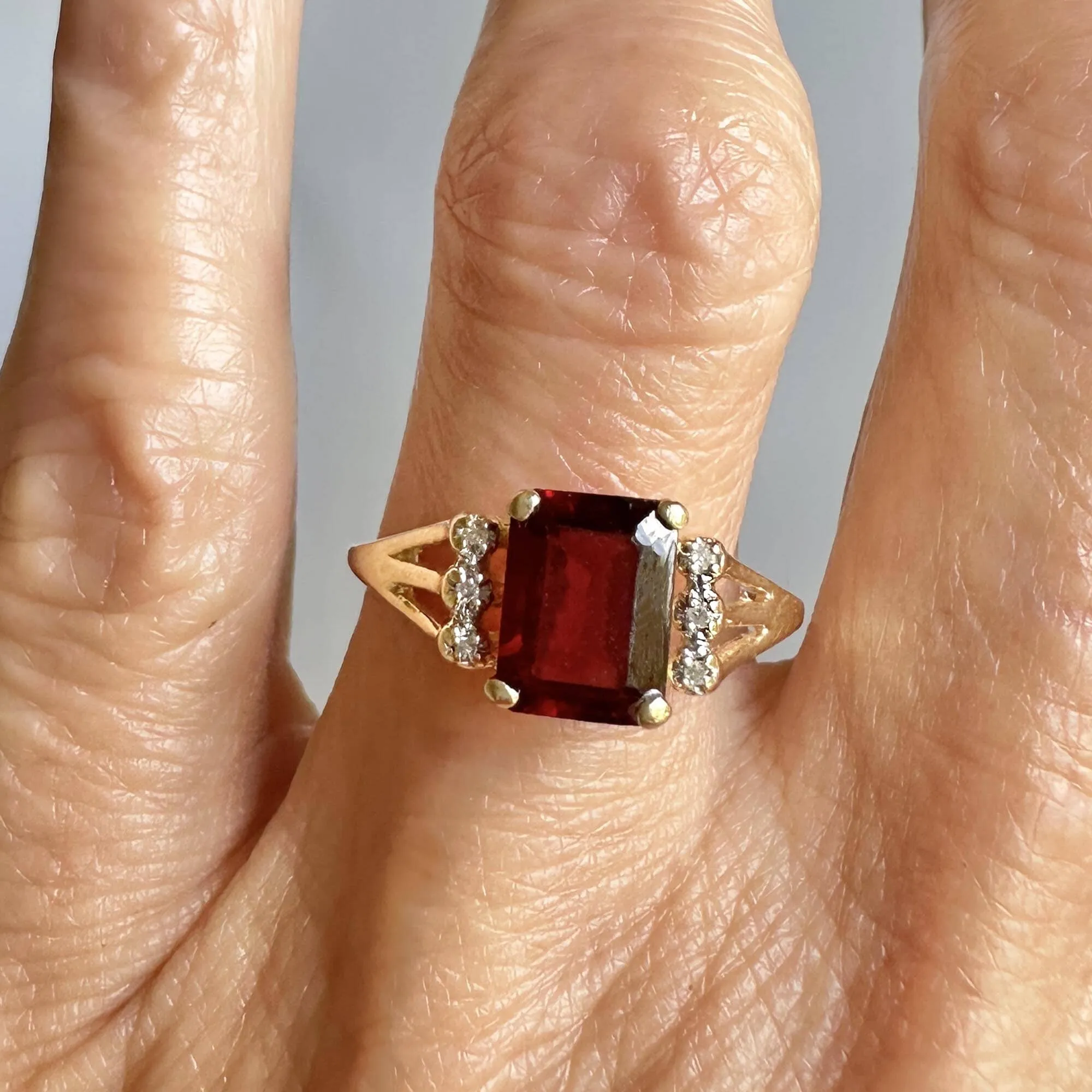 Vintage 14K Gold Diamond Emerald Cut Garnet Ring