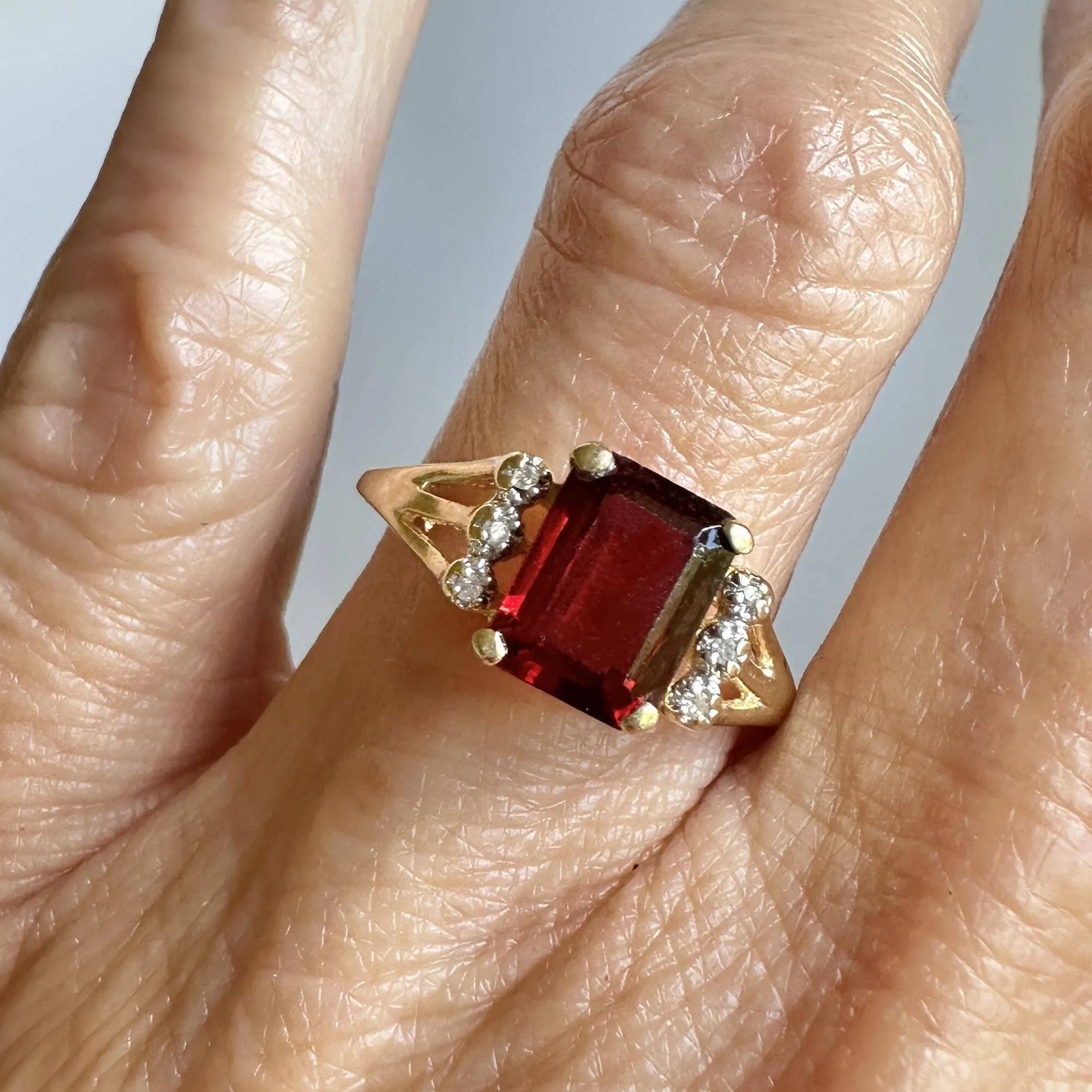 Vintage 14K Gold Diamond Emerald Cut Garnet Ring