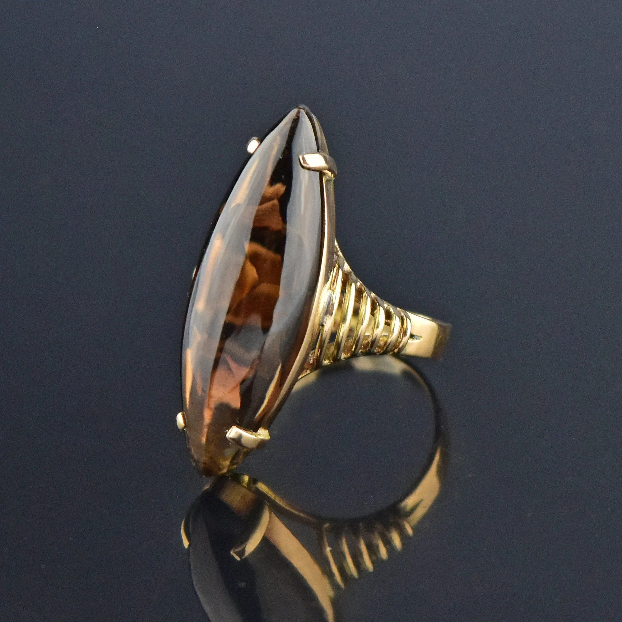 Vintage 14K Gold Smoky Quartz Topaz Marquise Cabochon Ring