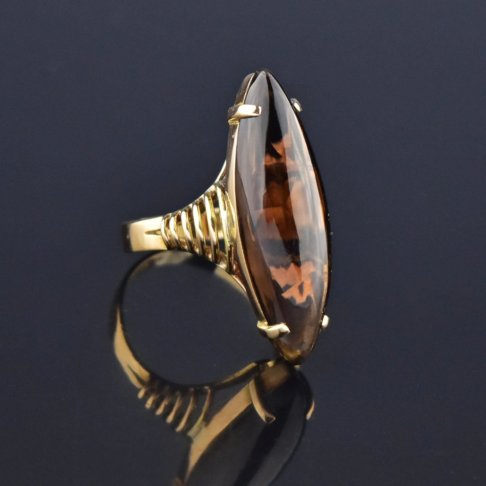 Vintage 14K Gold Smoky Quartz Topaz Marquise Cabochon Ring