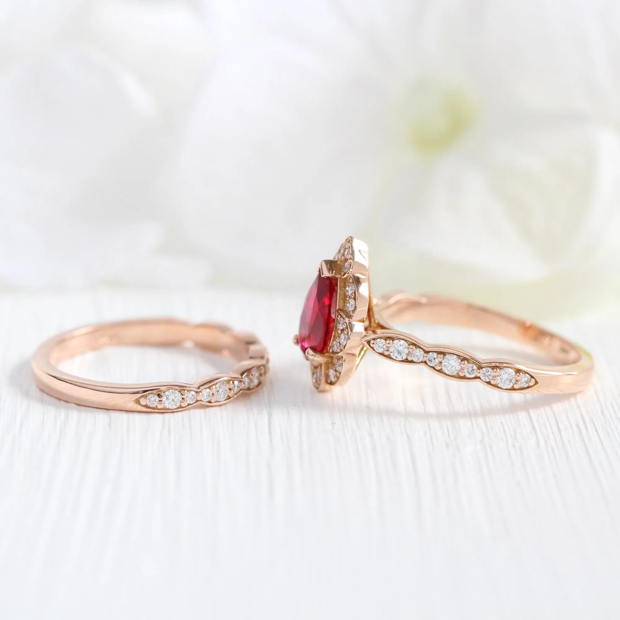 Vintage Floral Pear Ruby Ring Set w/ Matching Scalloped Diamond Wedding Band